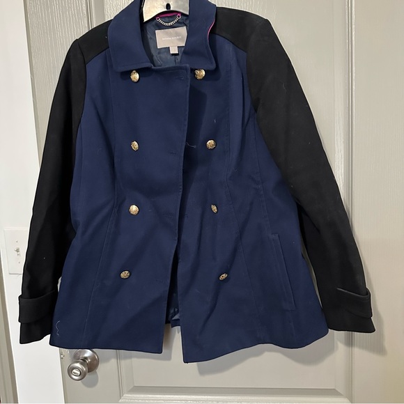 Women's Navy and Black Double-Breasted Coat Banana Republic Large Fall Cozy - Picture 2 of 4